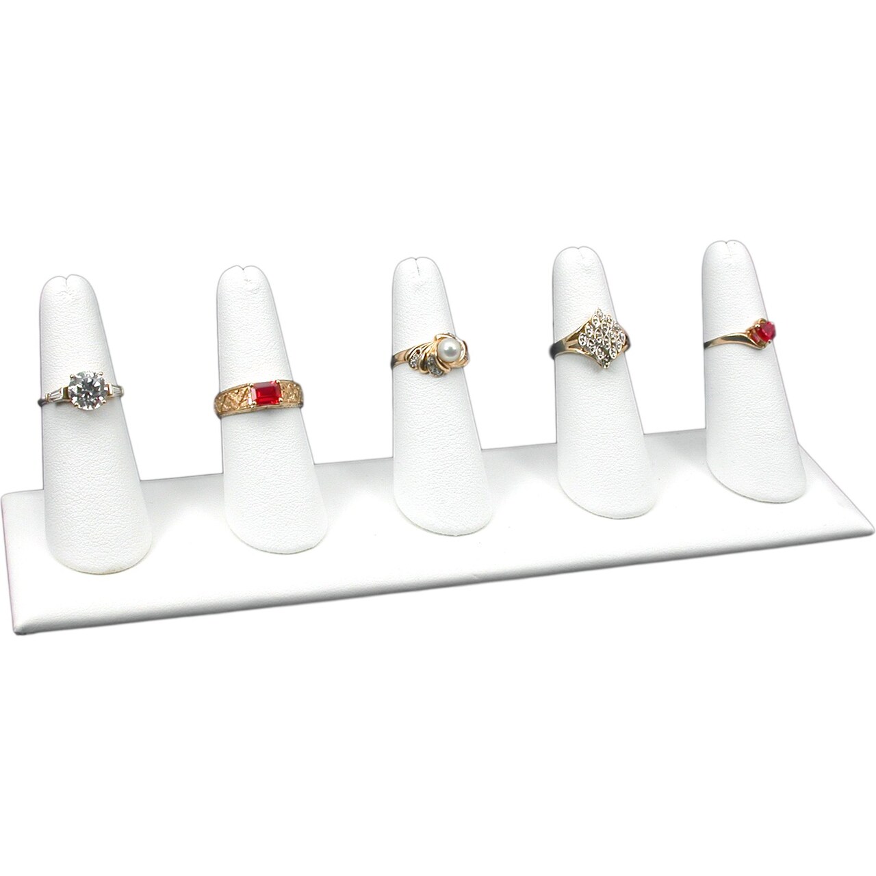 White Leather 5 Ring Finger Jewelry Holder Showcase Display